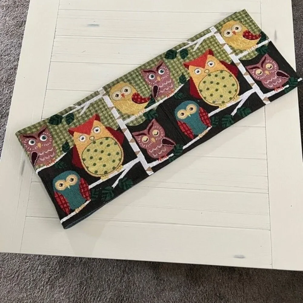 Tapestry Table Runner Owl Theme Multicolored 66.5” x 13” EUC